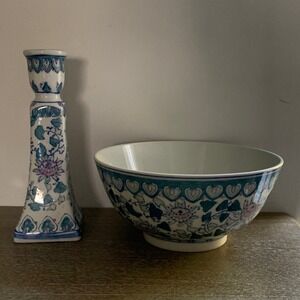 Vintage Mid to Late Twentieth Century Pastel Pink Chinoiserie candlestick & bowl